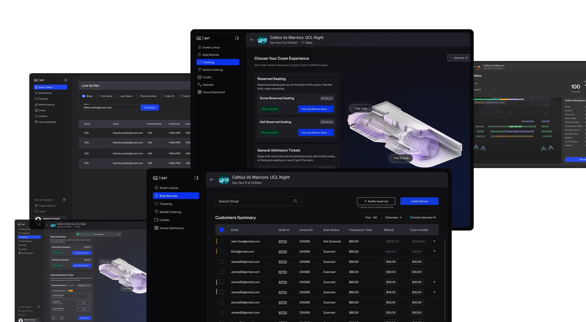 Guest Services platform interfaces for ticketing, guest lookup, refunds and venue operations