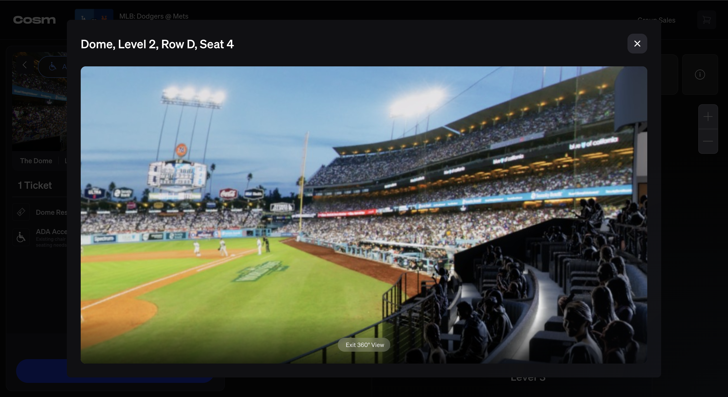 Full-screen 360-degree photograph taken from a specific seat