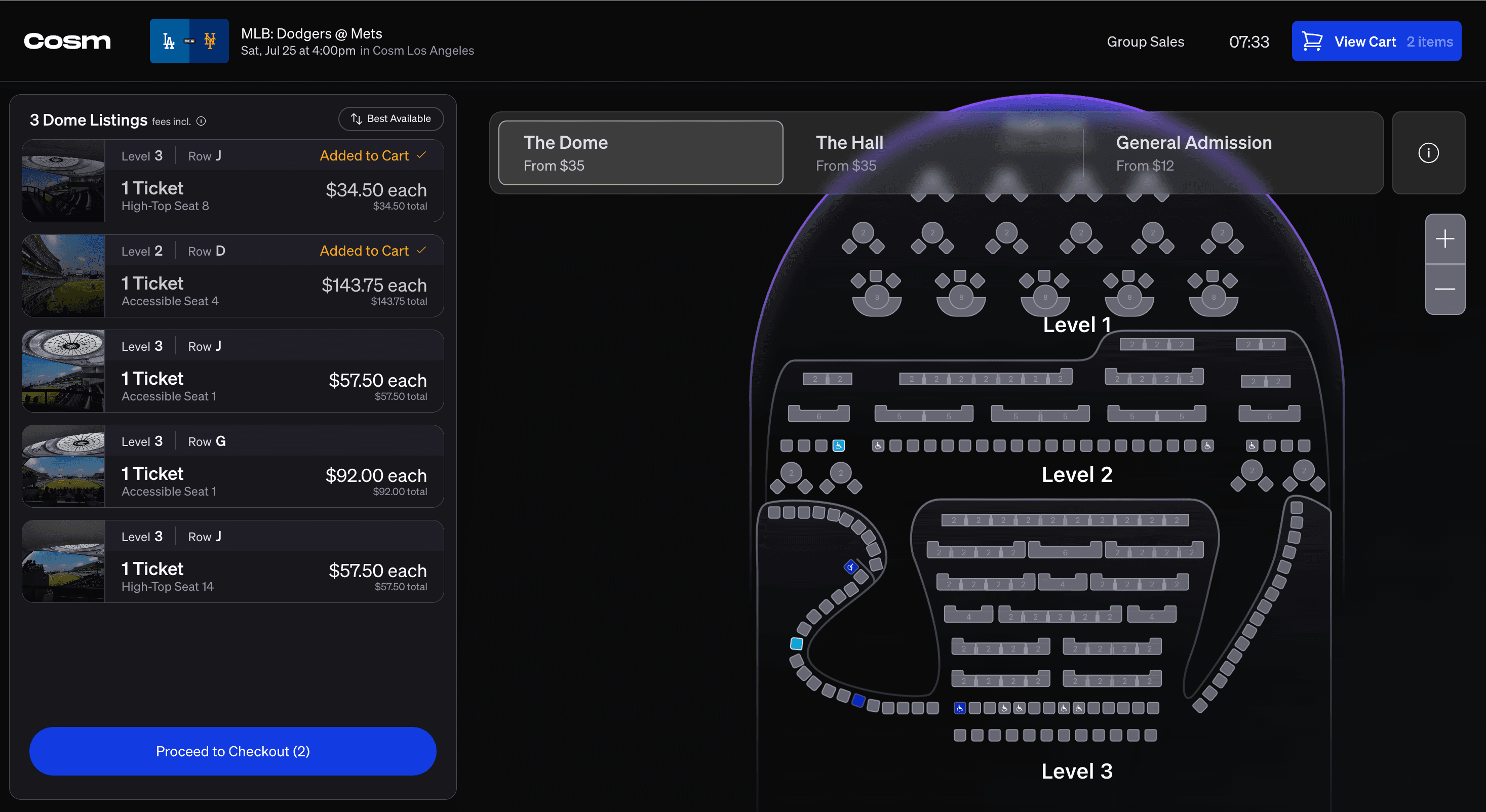 The cart summary listing the chosen dome tickets with a running total and the checkout action, kept alongside the map rather than replacing it.