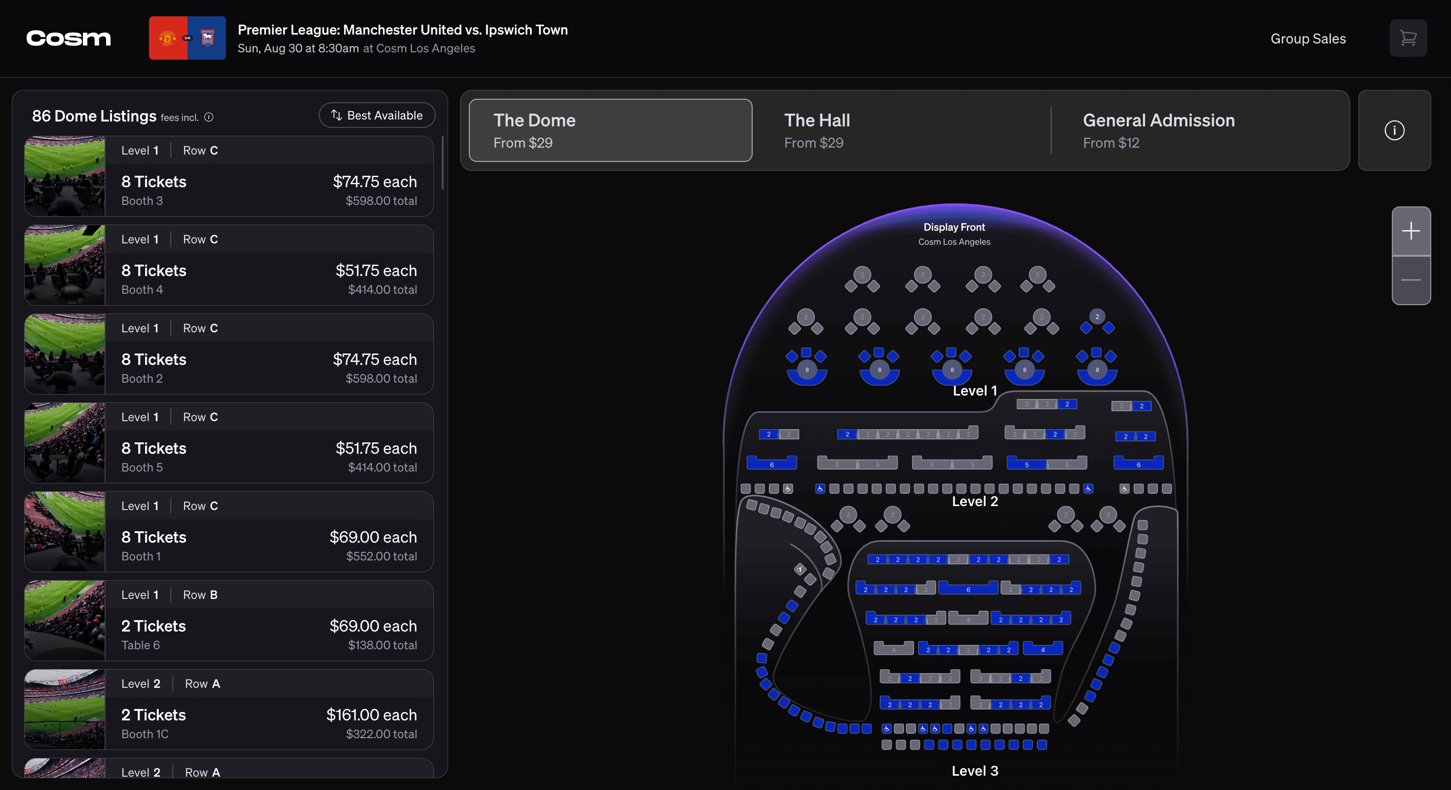 The Dome listings rail: each available seat shown with its level, row, ticket count and price beside a thumbnail of the view from that seat.