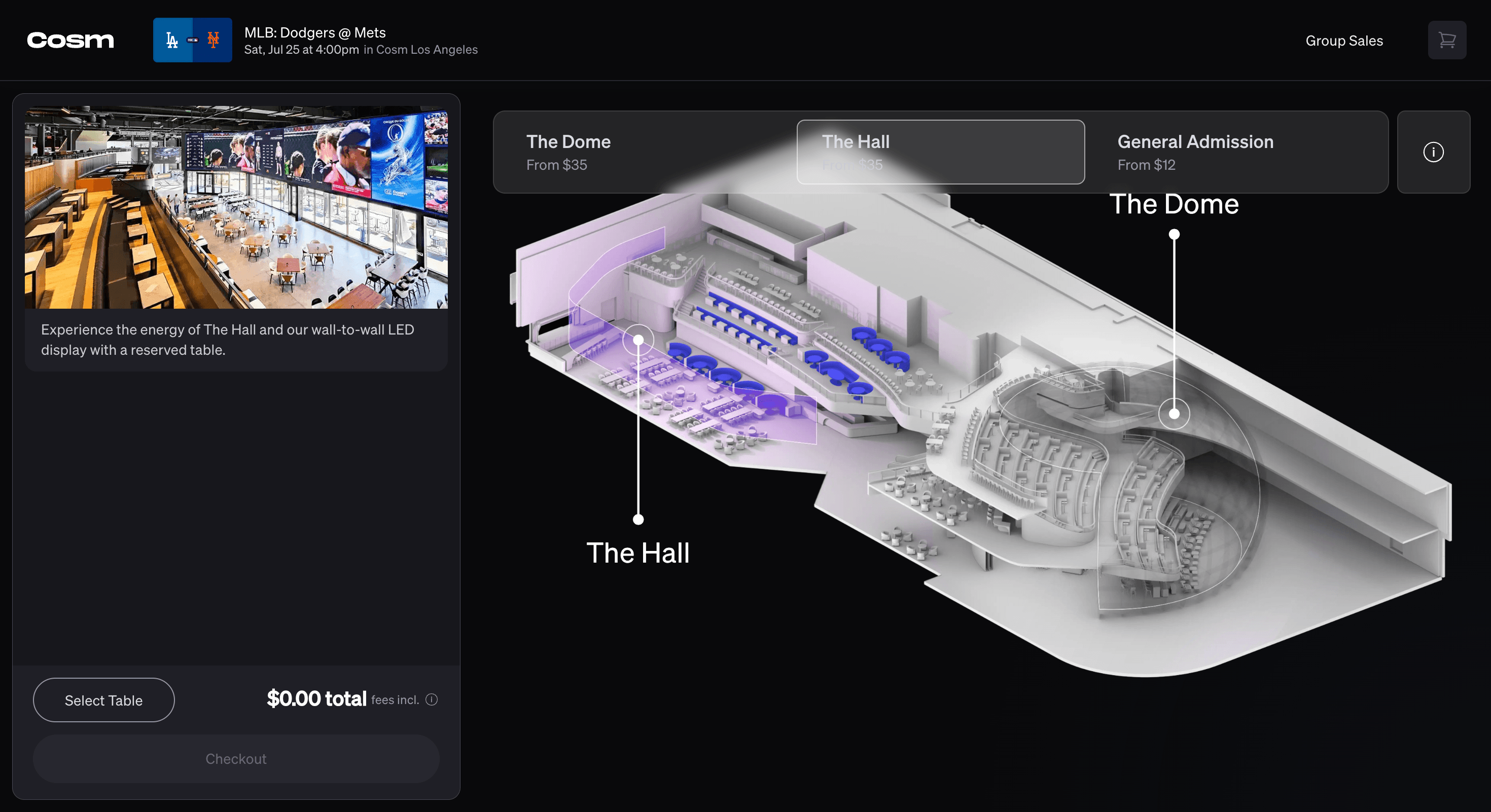 Three-dimensional venue cutaway labelling The Hall and The Dome