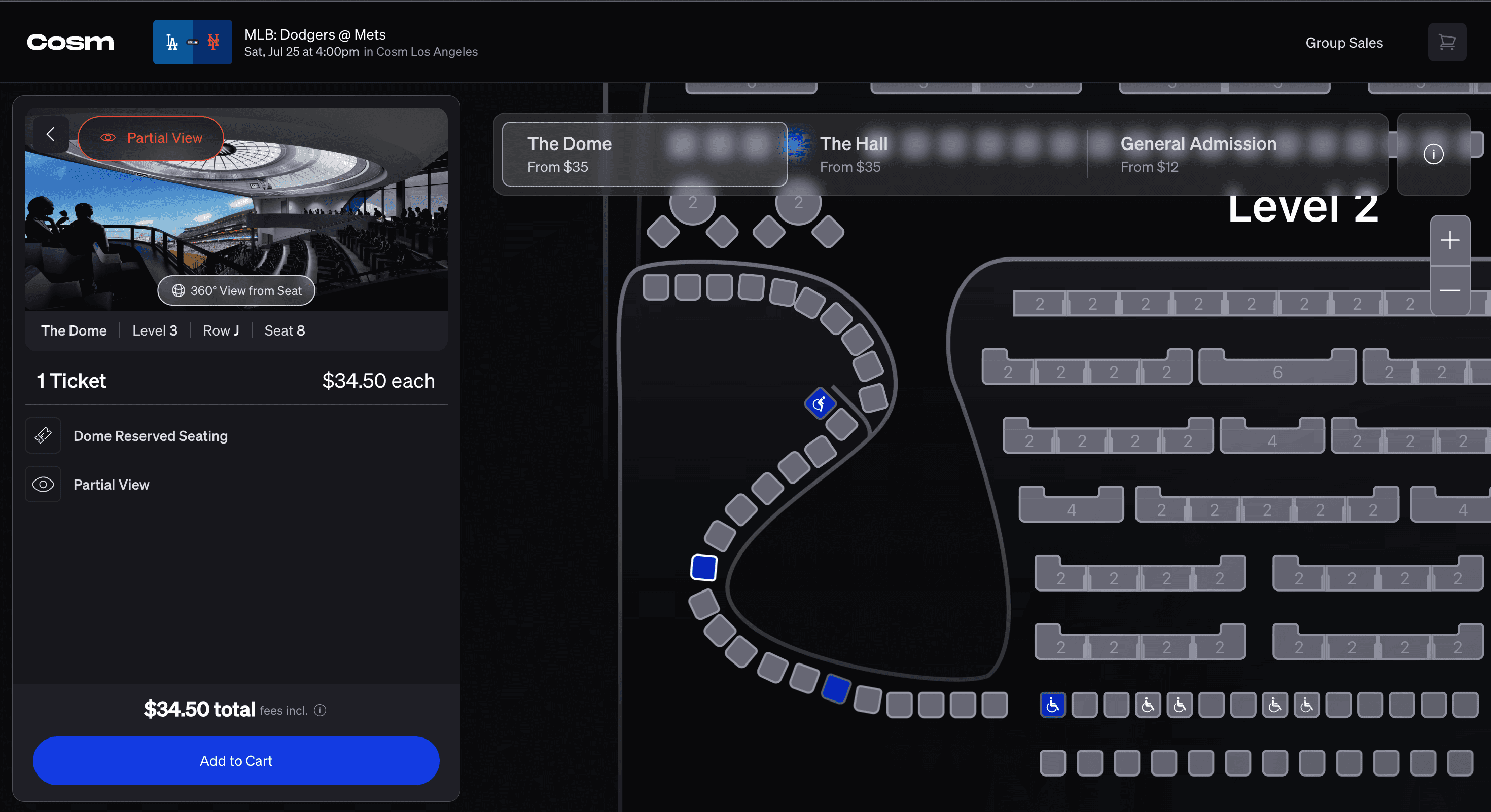 Seat selection with a zoomable seat map and persistent detail rail