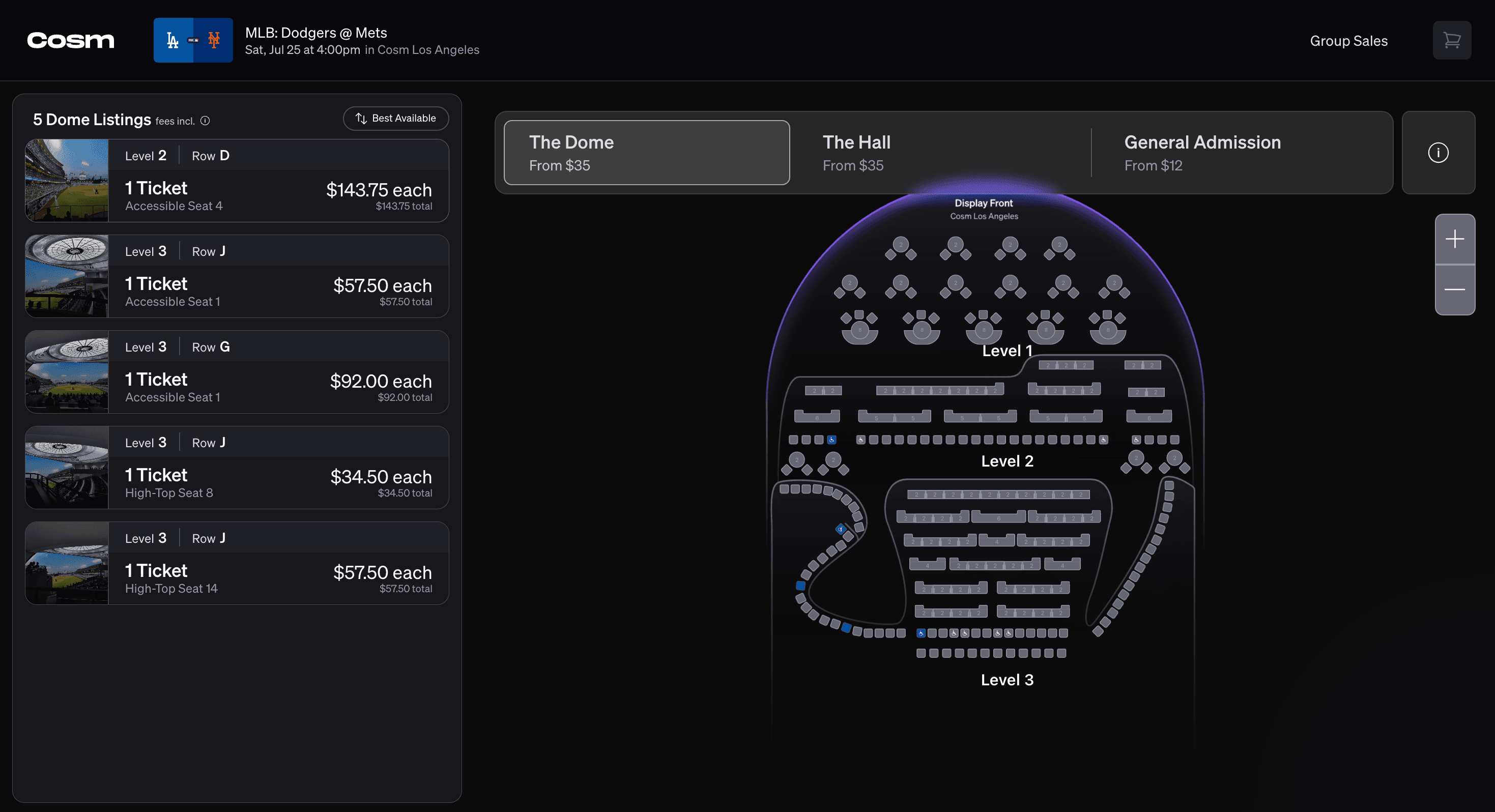 The Cosm booking seat map: an illuminated dome seating bowl with ticket listings tiered alongside it, each row showing section, row and price.