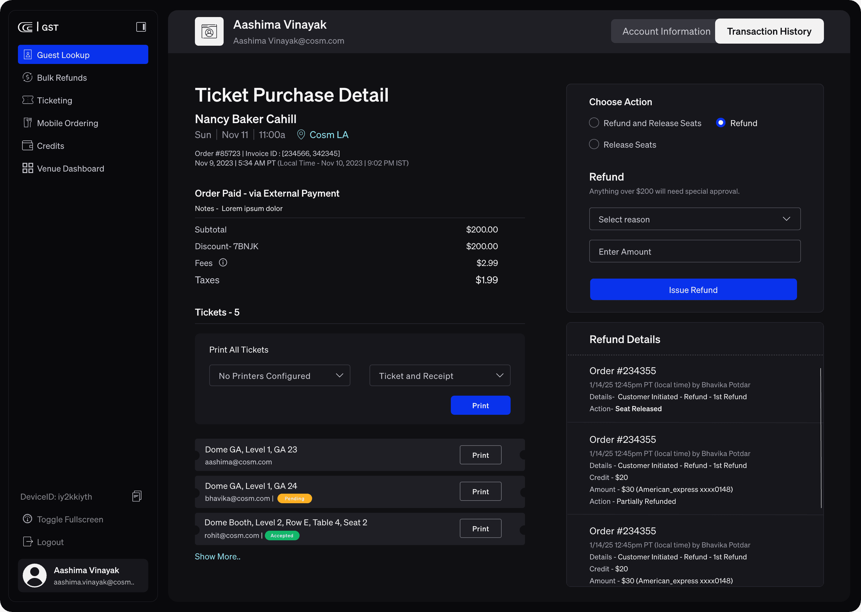 Ticket Purchase Detail with the refund action panel: refund or release seats, a reason selector, an approval note stating that anything over two hundred dollars needs special approval, and a refund history listing each action with the operator who performed it.