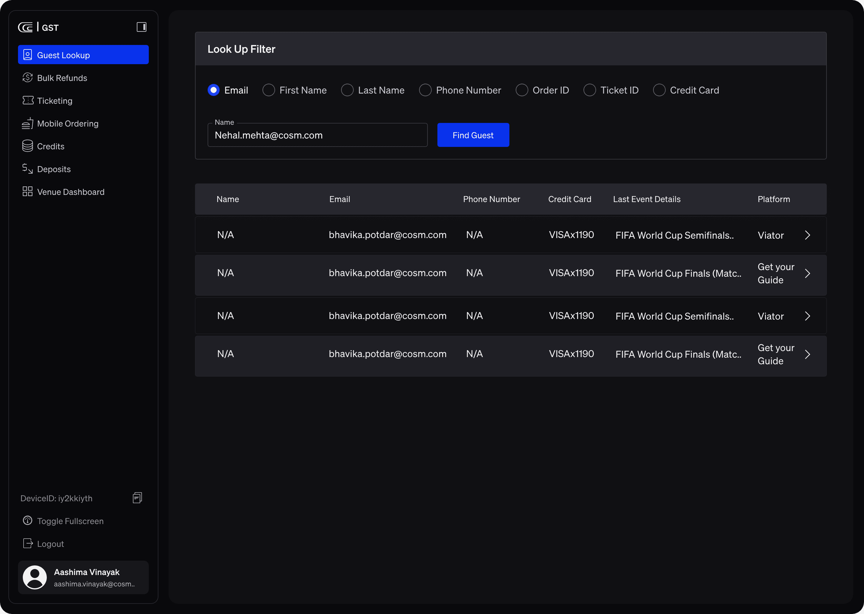 Guest Services terminal: guest lookup with filters and a results table