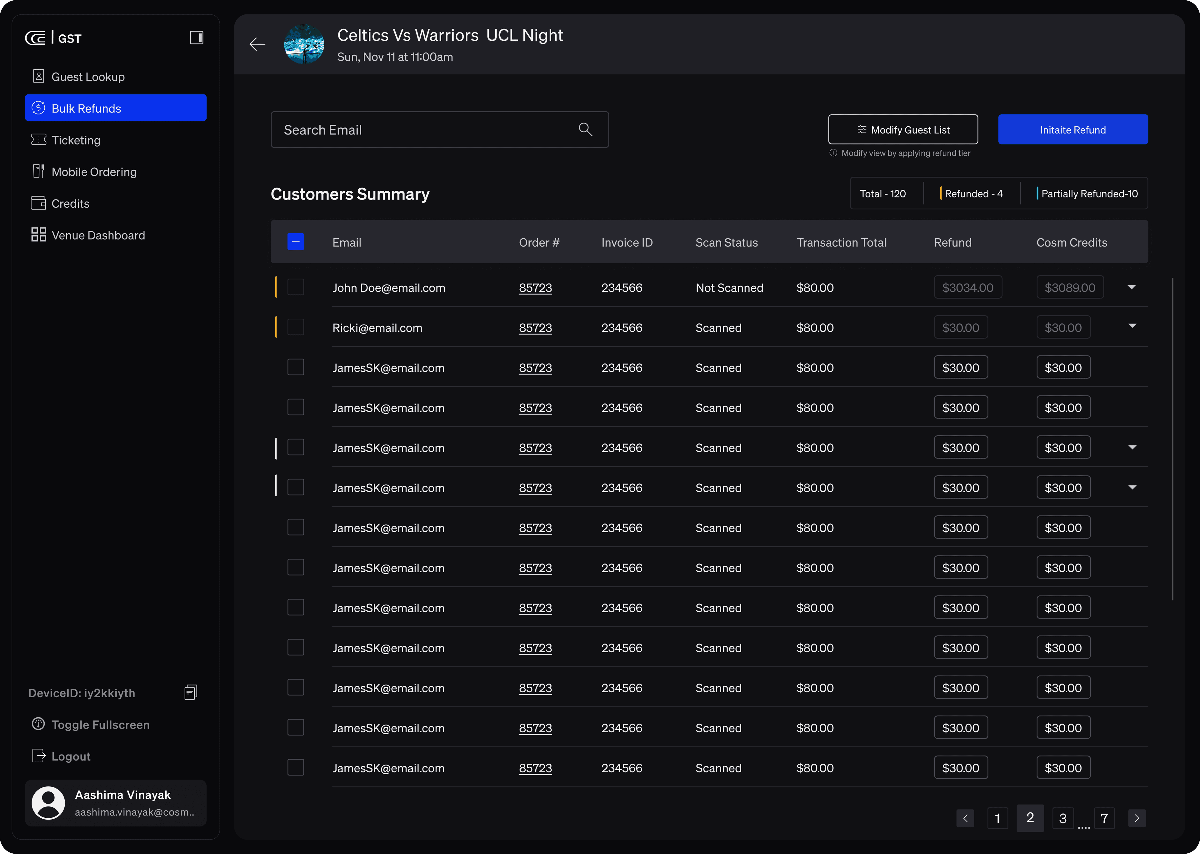 The Bulk Refunds module: a customers summary table listing email, order number, invoice ID, scan status and transaction total, with editable refund and Cosm Credits amounts per row, selection checkboxes, and counts for total, refunded and partially refunded guests.