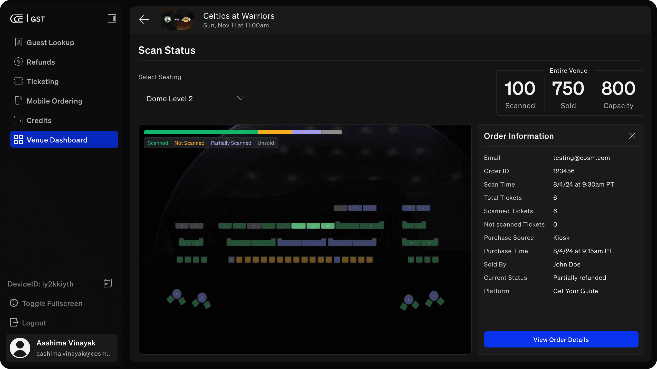 The Venue Dashboard showing live scan status for a venue level, with scanned, sold and capacity totals, and an order information panel giving scan time, purchase source, platform and current refund status.