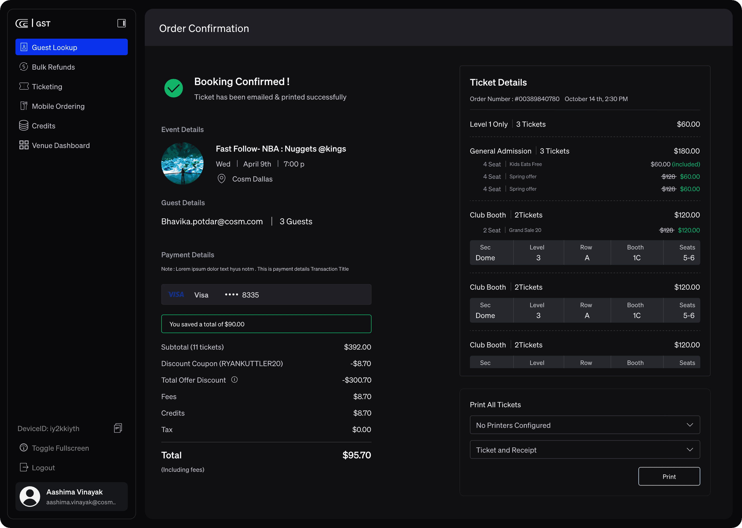 Itemised order confirmation with discounts and print options