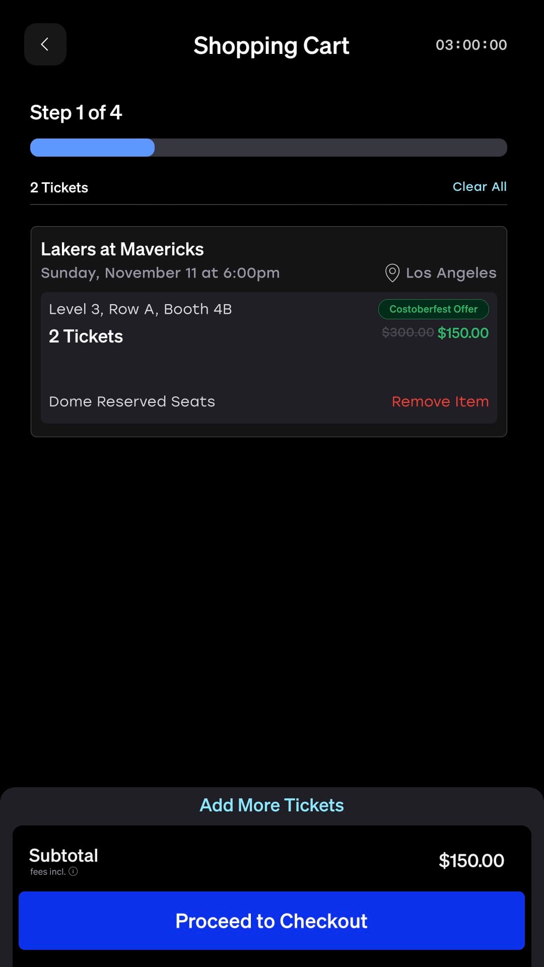 Kiosk cart listing selected tickets before payment