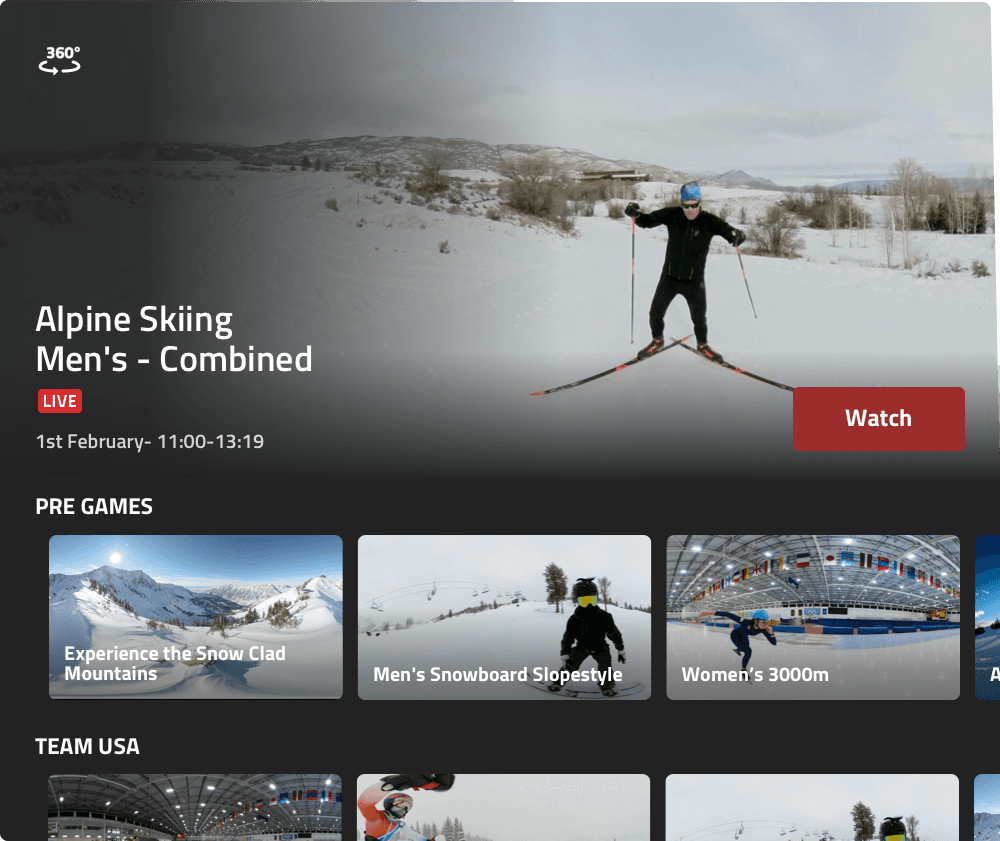 The Beijing content discovery screen: a live Alpine Skiing Men's Combined event marked LIVE with its start time and a Watch button, over horizontal rows labelled Pre Games and Team USA, each holding 360-degree event thumbnails.