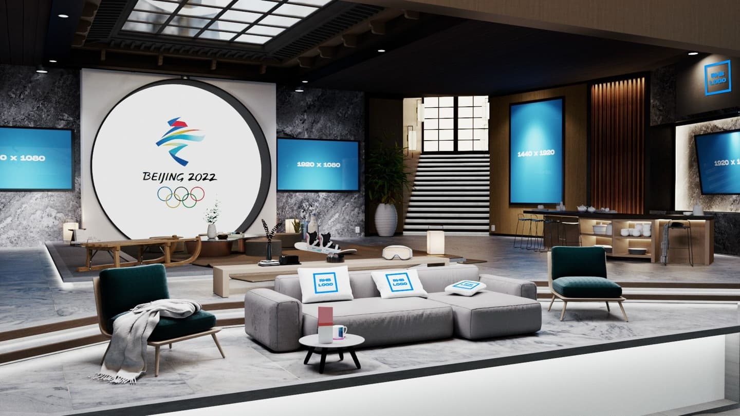 The same Beijing environment in its uncustomised state: every screen, poster and logo slot shown as a blue placeholder marked with its required pixel dimensions.