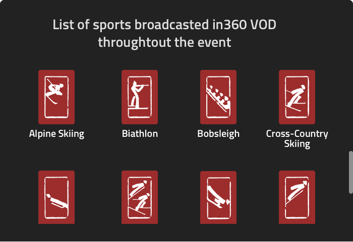 The 360-degree video-on-demand library: a grid of sport tiles including Alpine Skiing, Biathlon, Bobsleigh and Cross-Country Skiing, listing every sport broadcast in 360 through the Games.