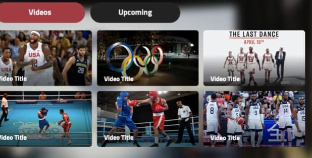 The Tokyo 2020 My List screen: a Videos and Upcoming tab pair above a grid of six saved event tiles.