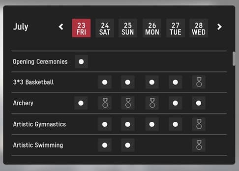 The Tokyo 2020 schedule grid: a July date strip across the top and sports down the side — Opening Ceremonies, 3x3 Basketball, Archery, Artistic Gymnastics, Artistic Swimming — with a filled dot for each session and a medal glyph marking medal events.