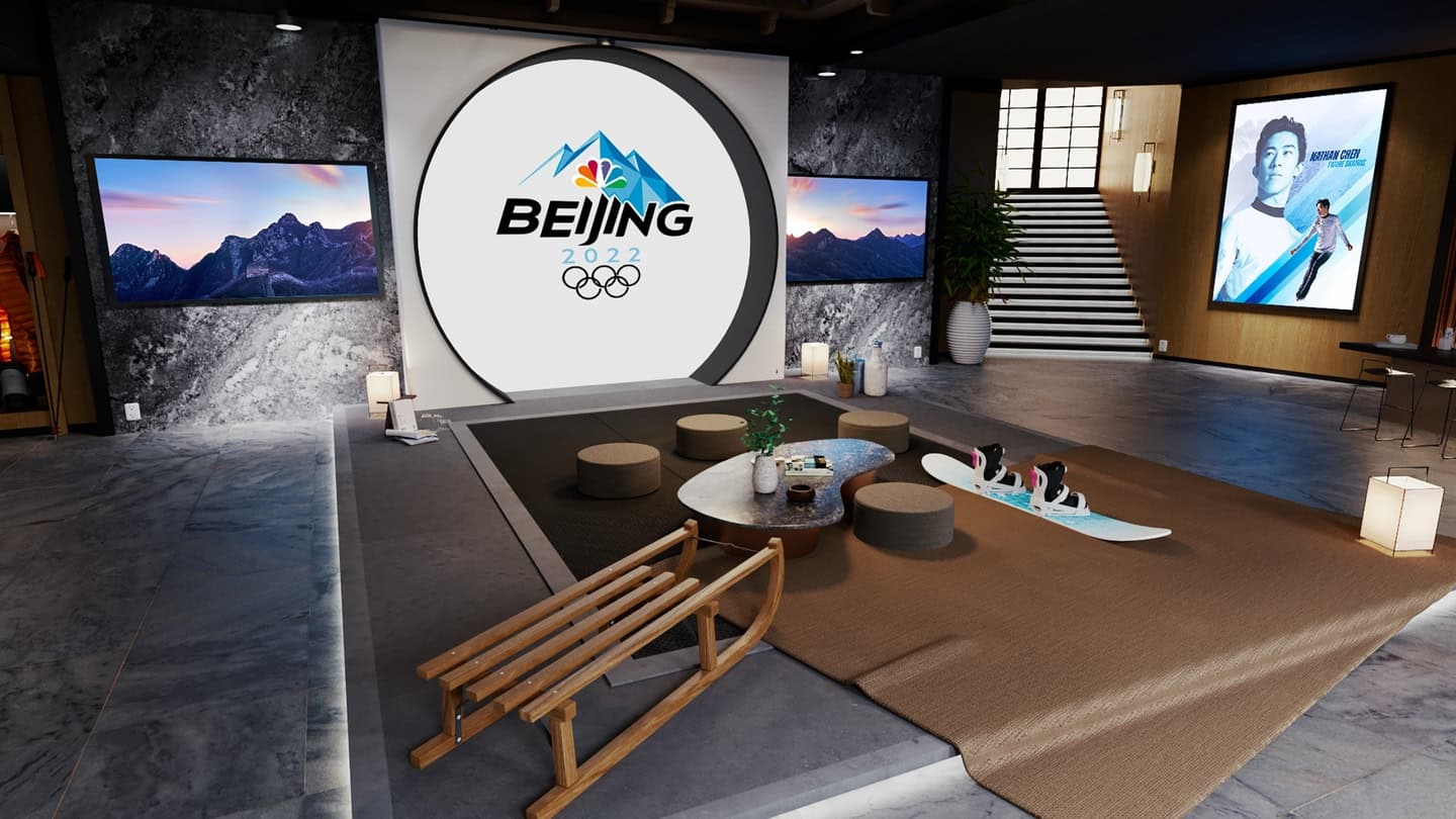 Immersive alpine venue view with an athlete tracking overlay
