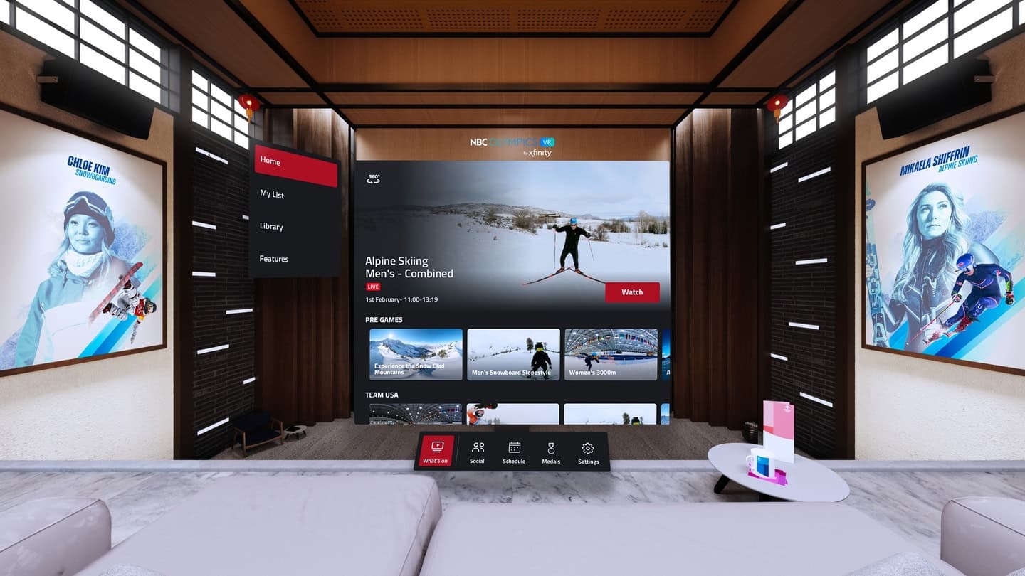 Virtual reality home environment with a wall of live Olympic feeds